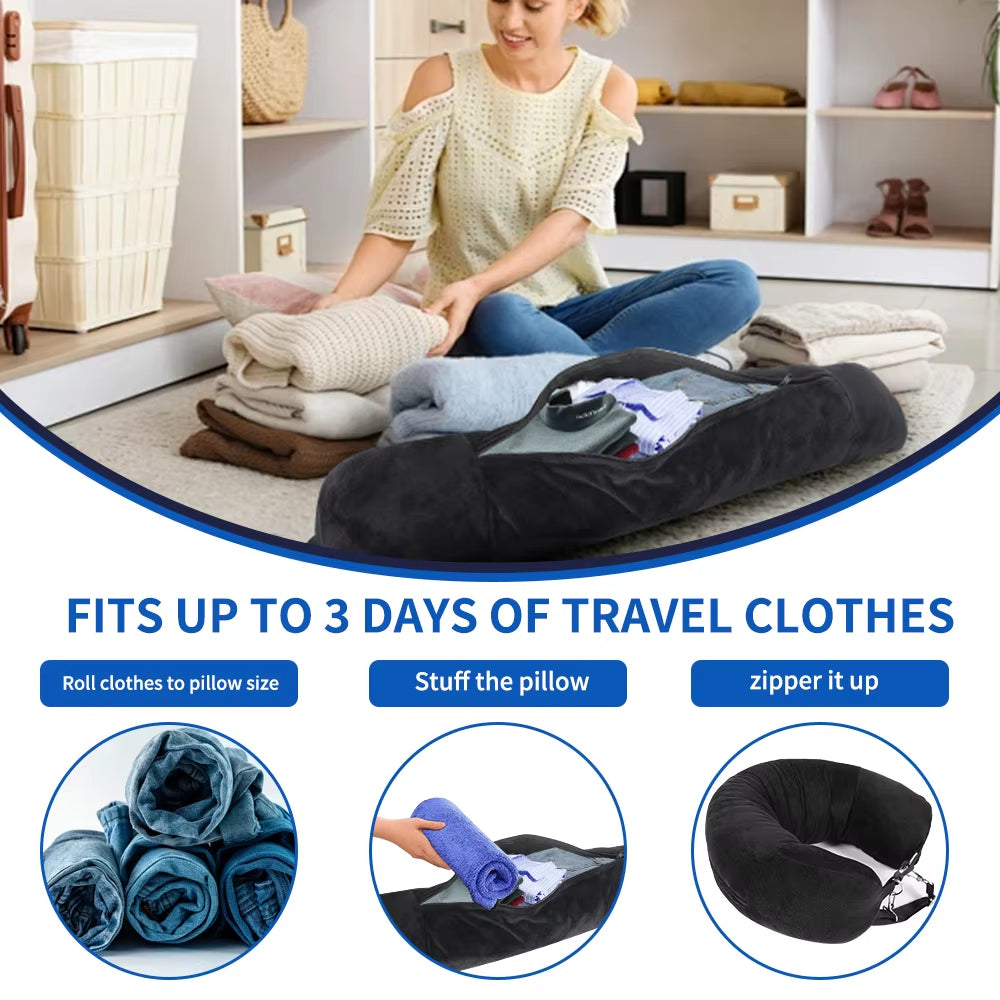 Ultimate Travel Neck Pillow with Fillable Clothing Case & Extra Storage Bag – Plush Velvet Comfort for Airplane Journeys