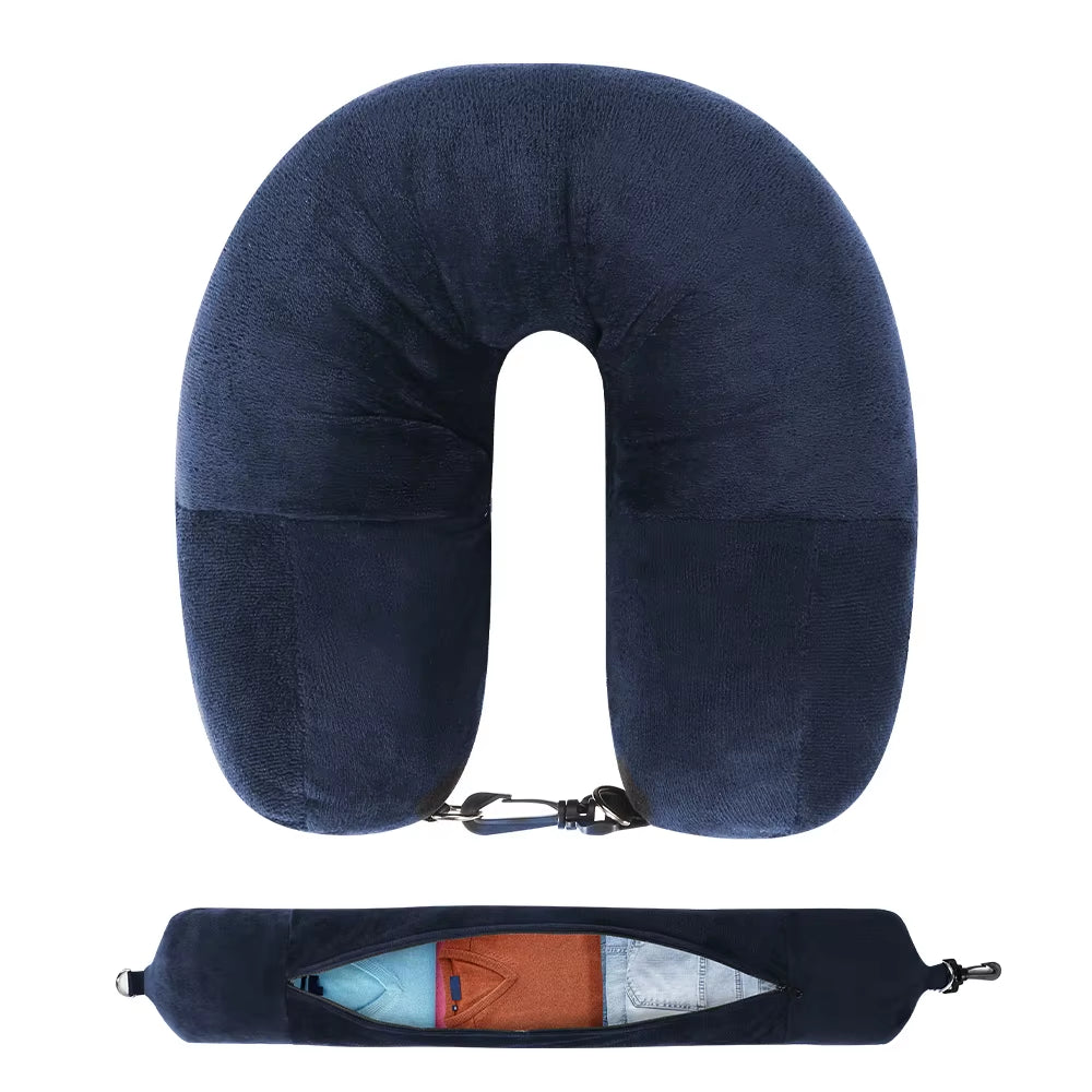 Ultimate Travel Neck Pillow with Fillable Clothing Case & Extra Storage Bag – Plush Velvet Comfort for Airplane Journeys