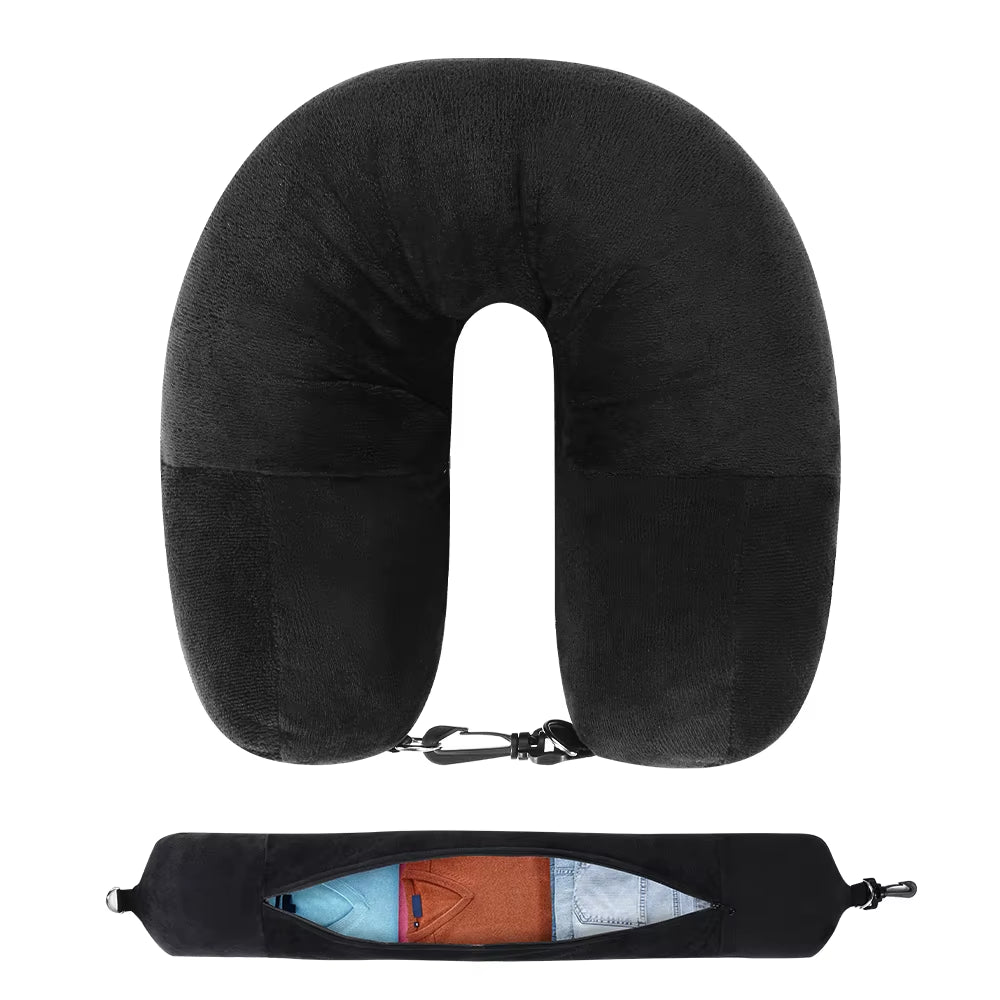 Ultimate Travel Neck Pillow with Fillable Clothing Case & Extra Storage Bag – Plush Velvet Comfort for Airplane Journeys