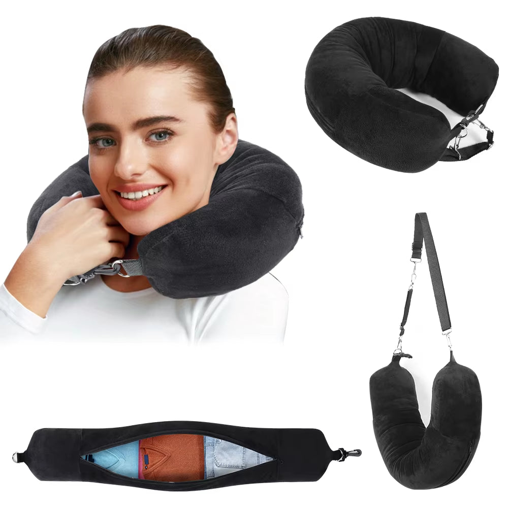 Ultimate Travel Neck Pillow with Fillable Clothing Case & Extra Storage Bag – Plush Velvet Comfort for Airplane Journeys