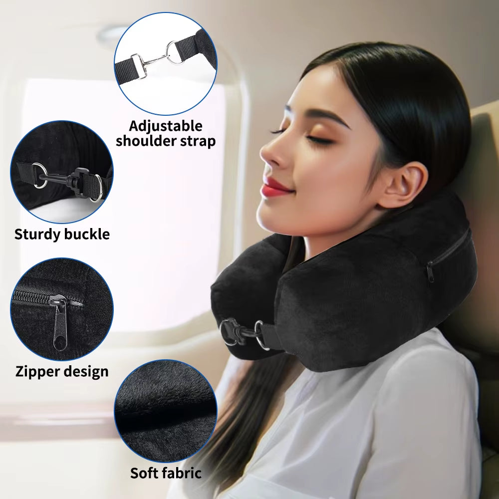 Ultimate Travel Neck Pillow with Fillable Clothing Case & Extra Storage Bag – Plush Velvet Comfort for Airplane Journeys